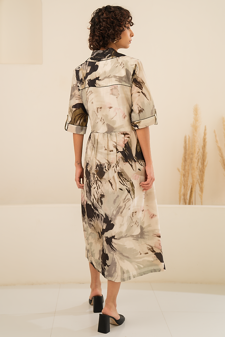 Grey Chanderi Printed Gathered Summer Shirt Dress by Arcvsh by Pallavi Singh at Pernia's Pop Up Shop
