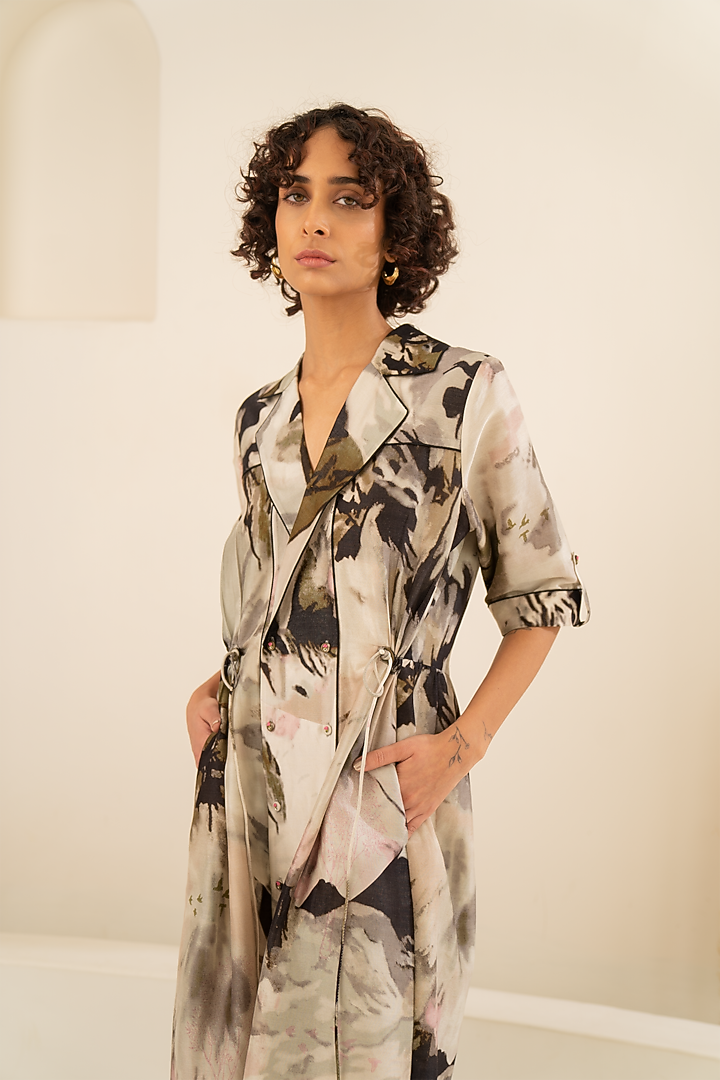 Grey Chanderi Printed Gathered Summer Shirt Dress by Arcvsh by Pallavi Singh at Pernia's Pop Up Shop