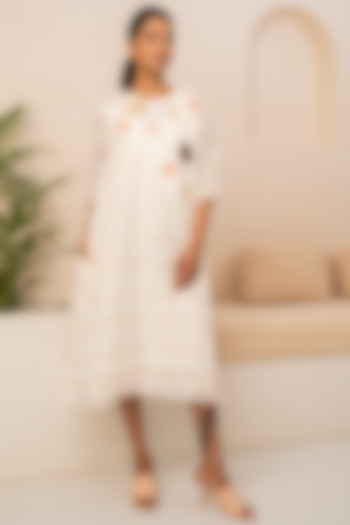 Ivory Linen Embroidered Checkered Dress by Arcvsh by Pallavi Singh