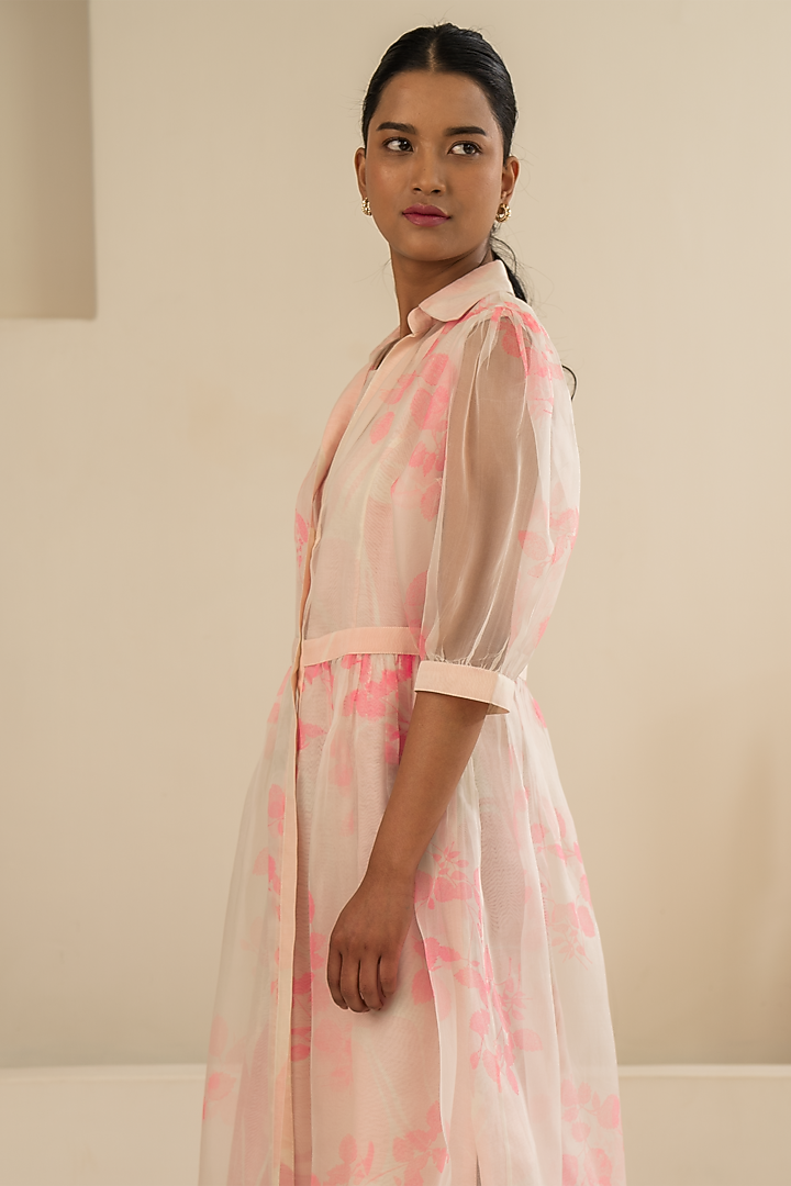 Pink Chanderi Midi Vacation Dress With Printed Jacket by Arcvsh by Pallavi Singh at Pernia's Pop Up Shop
