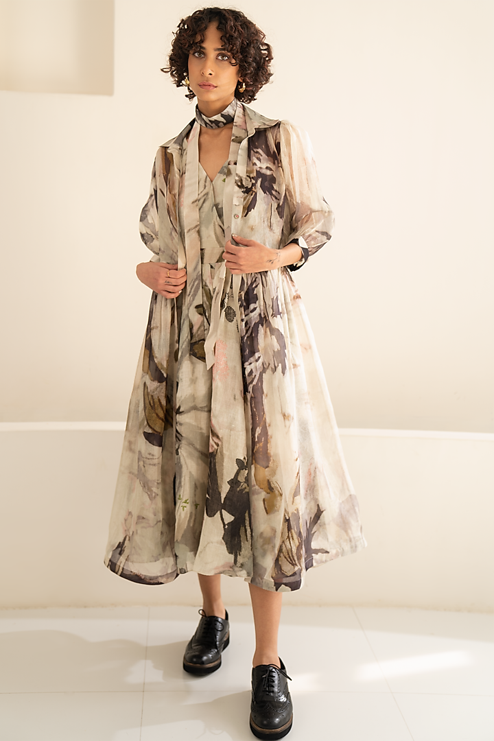 Grey Linen Printed Overlap Dress With Throw-On by Arcvsh by Pallavi Singh