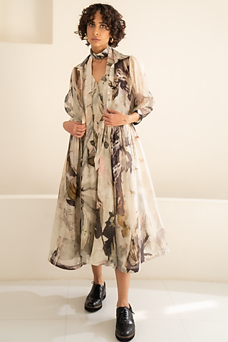 Grey Organza Hand Block Printed Jacket Dress by Arcvsh by Pallavi Singh
