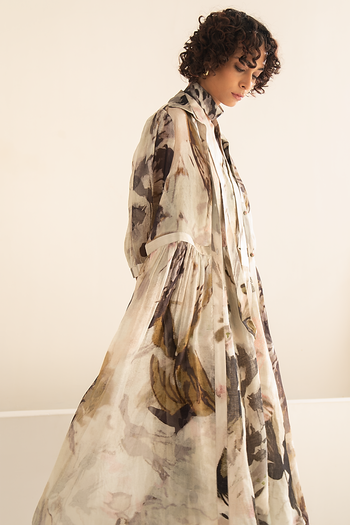 Grey Organza Hand Block Printed Jacket Vacation Dress by Arcvsh by Pallavi Singh at Pernia's Pop Up Shop