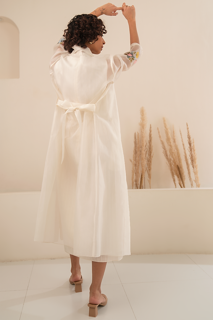 Ivory Chanderi Midi Vacation Dress With Embroidered Jacket by Arcvsh by Pallavi Singh at Pernia's Pop Up Shop