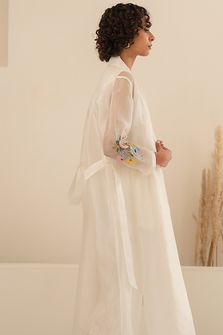 Ivory Chanderi Midi Vacation Dress With Embroidered Jacket by Arcvsh by Pallavi Singh at Pernia's Pop Up Shop