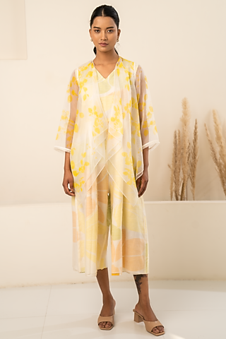 Yellow Organza Printed Jacket With Jumpsuit by Arcvsh by Pallavi Singh