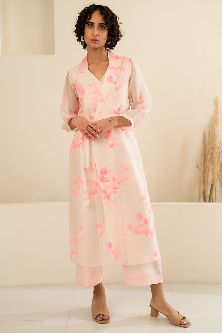 Pink Organza Printed Jacket With Jumpsuit by Arcvsh by Pallavi Singh