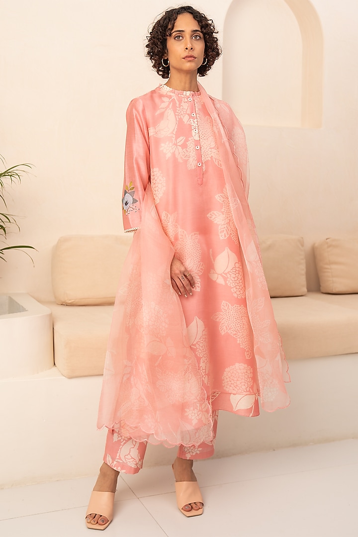 Pink Chanderi & Organza Printed Layered Tunic Set by Arcvsh by Pallavi Singh at Pernia's Pop Up Shop