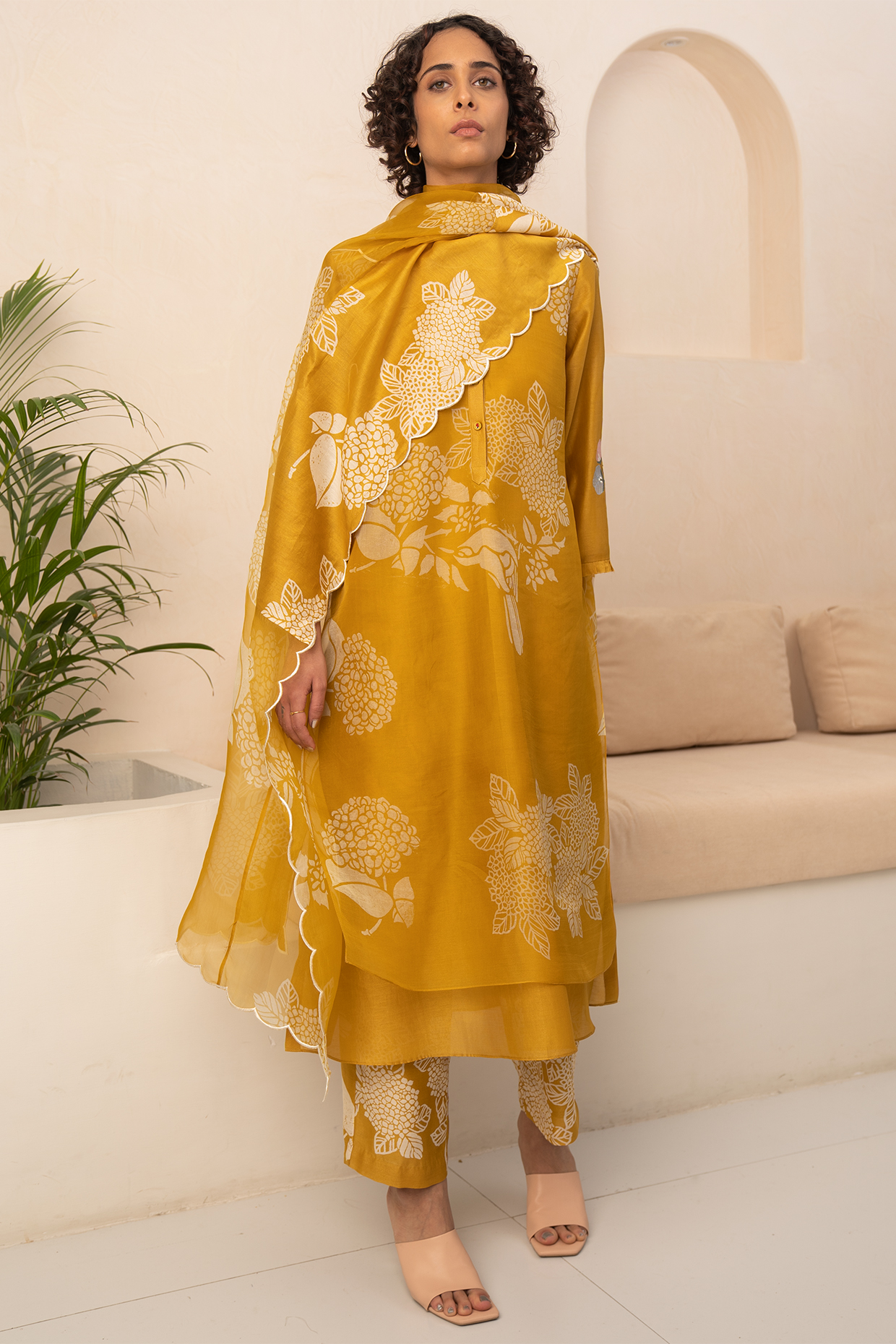Ochre Chanderi & Organza Printed Layered Tunic Set by Arcvsh by Pallavi Singh at Pernia's Pop Up Shop