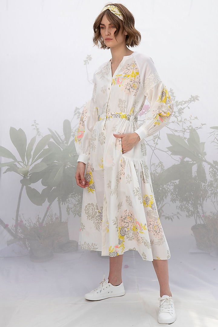 Ivory Screen Printed Dress by Arcvsh by Pallavi Singh at Pernia's Pop Up Shop