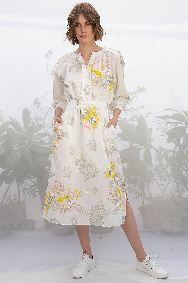 Ivory Printed & Embroidered Dress by Arcvsh by Pallavi Singh at Pernia's Pop Up Shop