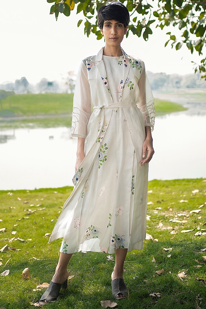 Ivory Printed & Embroidered Jumpsuit With Jacket by Arcvsh by Pallavi Singh