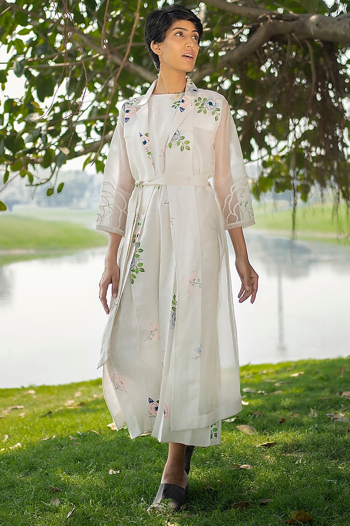 Ivory Printed & Embroidered Jumpsuit With Jacket by Arcvsh by Pallavi Singh at Pernia's Pop Up Shop