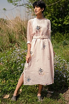 Old Rose Printed Midi Dress by Arcvsh by Pallavi Singh-ARCVSH BY PALLAVI SINGH
