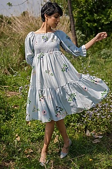 Grey Printed Smocked Dress by Arcvsh by Pallavi Singh-ARCVSH BY PALLAVI SINGH