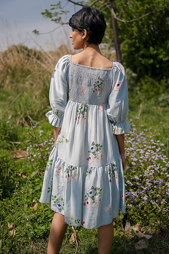 Grey Printed Smocked Summer Dress by Arcvsh by Pallavi Singh at Pernia's Pop Up Shop