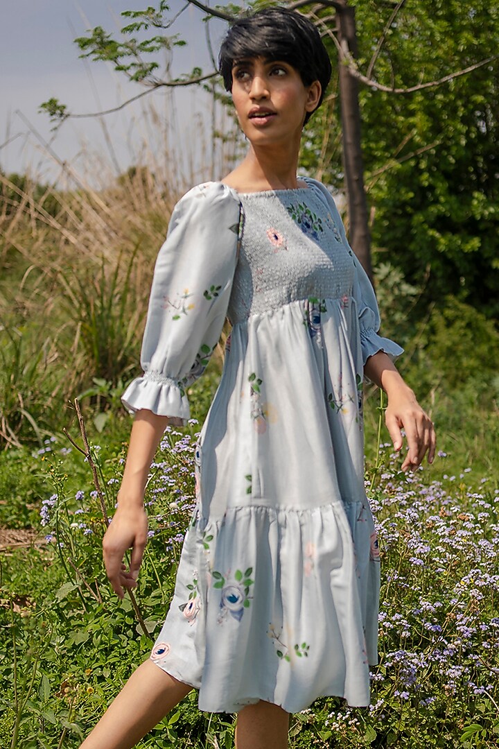 Grey Printed Smocked Summer Dress by Arcvsh by Pallavi Singh at Pernia's Pop Up Shop