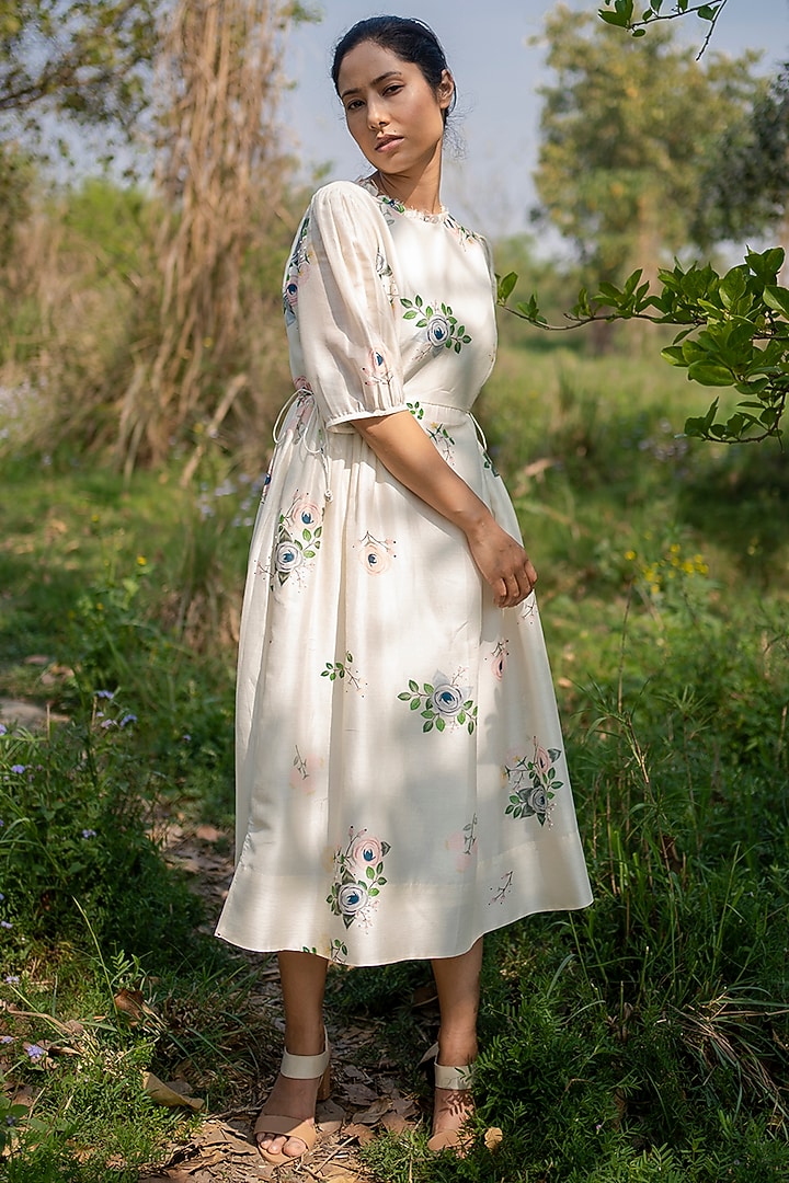 Ivory Printed Tie-Up Summer Dress by Arcvsh by Pallavi Singh at Pernia's Pop Up Shop
