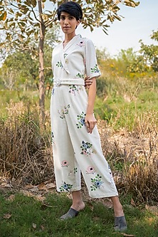 Ivory Printed Jumpsuit by Arcvsh by Pallavi Singh-ARCVSH BY PALLAVI SINGH