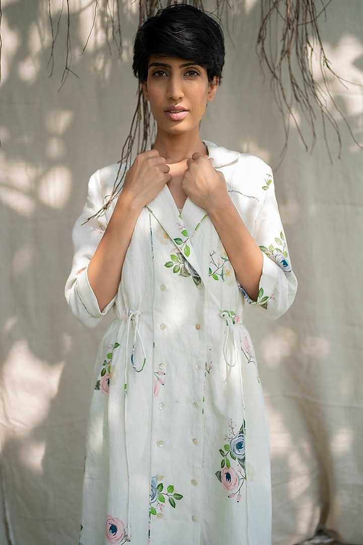 Ivory Printed Overlap Summer Shirt Dress by Arcvsh by Pallavi Singh at Pernia's Pop Up Shop