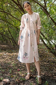 Old Rose Printed Pleated Dress by Arcvsh by Pallavi Singh-ARCVSH BY PALLAVI SINGH