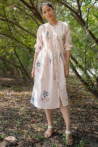 Old Rose Printed Pleated Dress by Arcvsh by Pallavi Singh