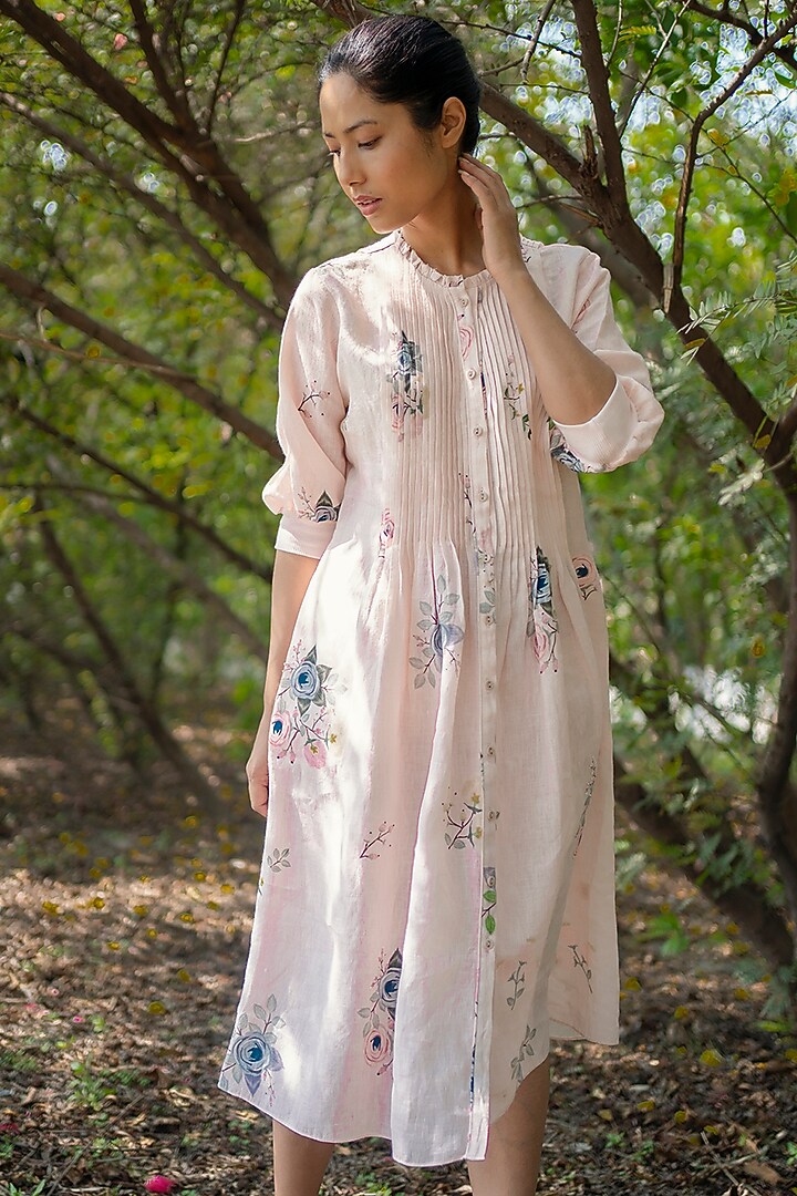 Old Rose Printed Pleated Summer Dress by Arcvsh by Pallavi Singh at Pernia's Pop Up Shop