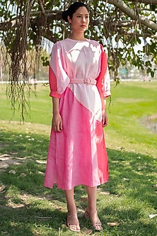 Coral Pink Printed & Embroidered Dress by Arcvsh by Pallavi Singh-ARCVSH BY PALLAVI SINGH