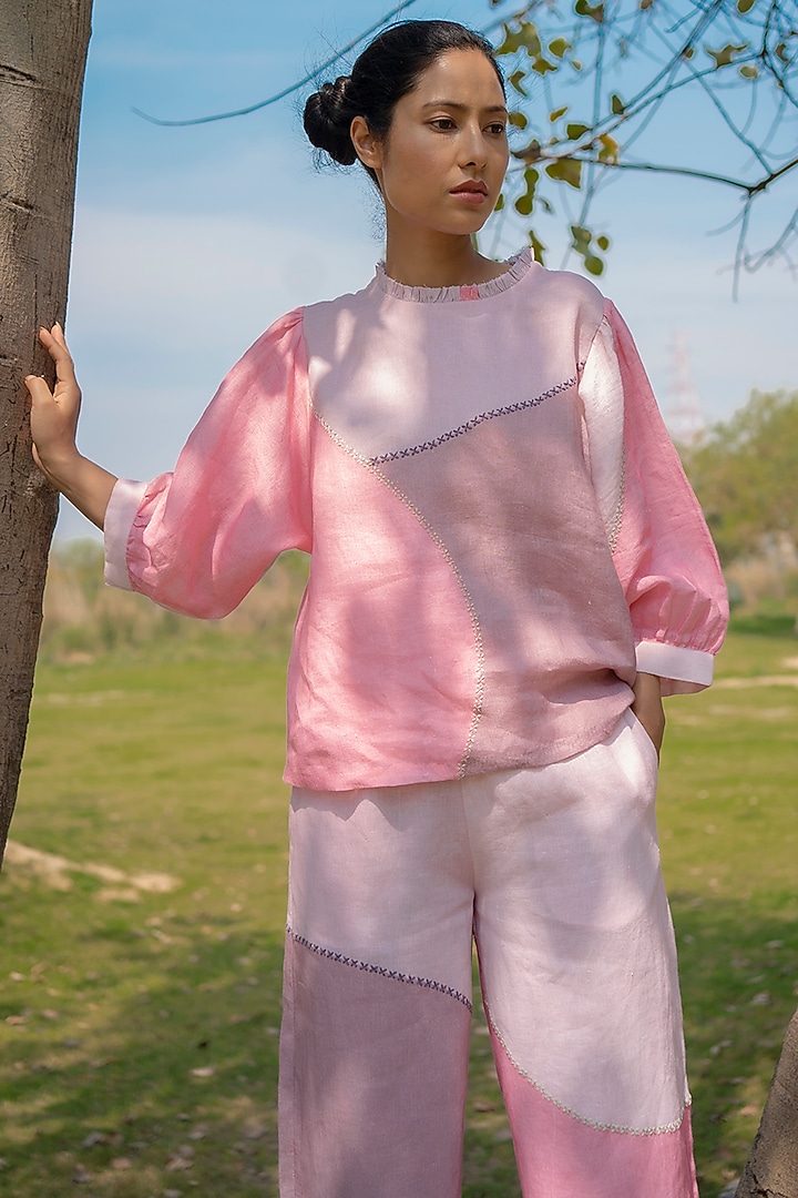 Coral Pink Printed & Embroidered Top by Arcvsh by Pallavi Singh at Pernia's Pop Up Shop