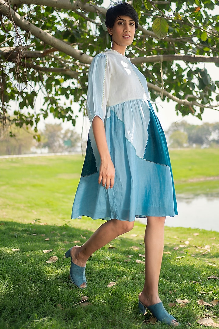 Blue Printed & Embroidered Gathered Slip Summer Dress by Arcvsh by Pallavi Singh at Pernia's Pop Up Shop