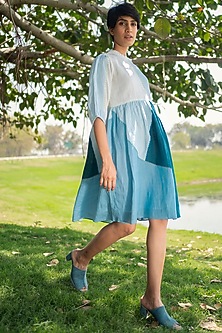 Blue Printed & Embroidered Gathered Slip Dress by Arcvsh by Pallavi Singh-ARCVSH BY PALLAVI SINGH