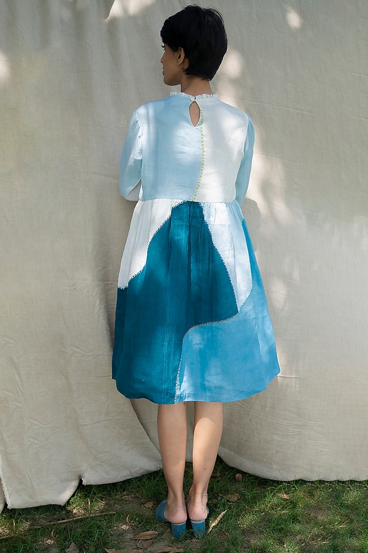 Blue Printed & Embroidered Gathered Slip Summer Dress by Arcvsh by Pallavi Singh at Pernia's Pop Up Shop