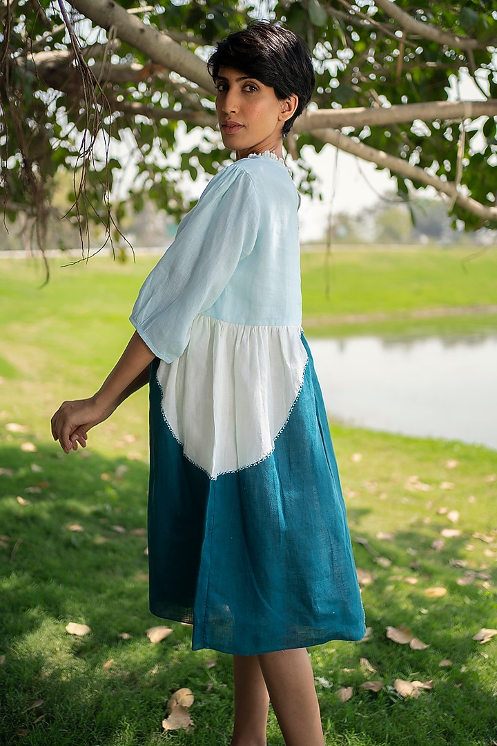 Blue Printed & Embroidered Gathered Slip Summer Dress by Arcvsh by Pallavi Singh at Pernia's Pop Up Shop