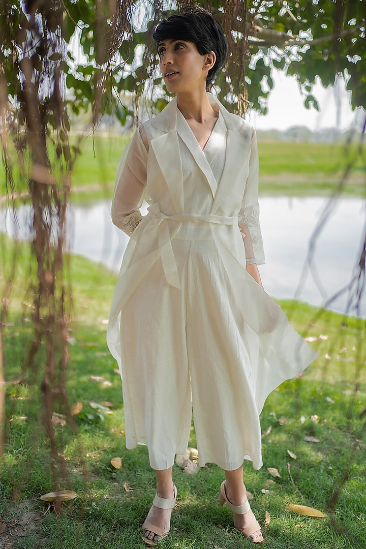 Ivory Jumpsuit With Embroidered Jacket by Arcvsh by Pallavi Singh