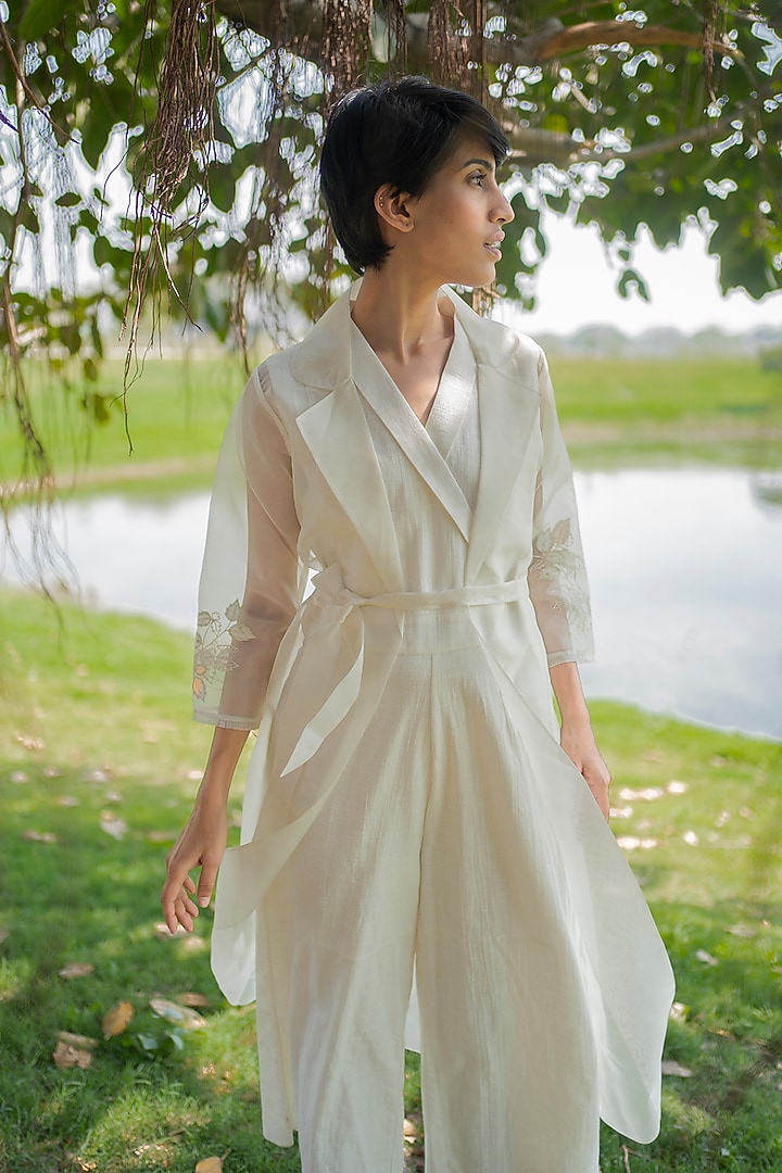 Ivory Jumpsuit With Embroidered Jacket by Arcvsh by Pallavi Singh at Pernia's Pop Up Shop