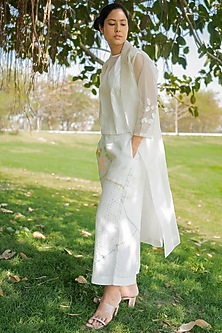 Ivory Machine Embroidered Pant Set With Jacket by Arcvsh by Pallavi Singh-ARCVSH BY PALLAVI SINGH