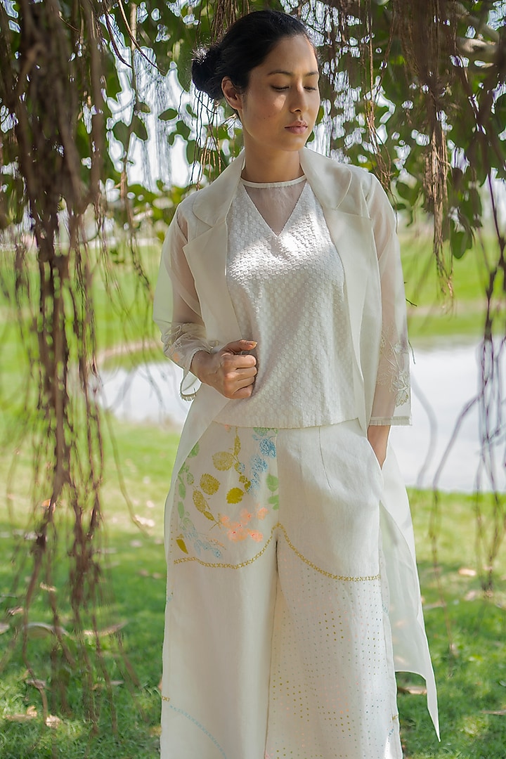 Ivory Machine Embroidered Pant Set With Jacket by Arcvsh by Pallavi Singh at Pernia's Pop Up Shop