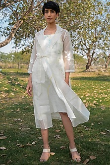 Ivory Linen Printed & Machine Embroidered Jacket Dress by Arcvsh by Pallavi Singh-ARCVSH BY PALLAVI SINGH