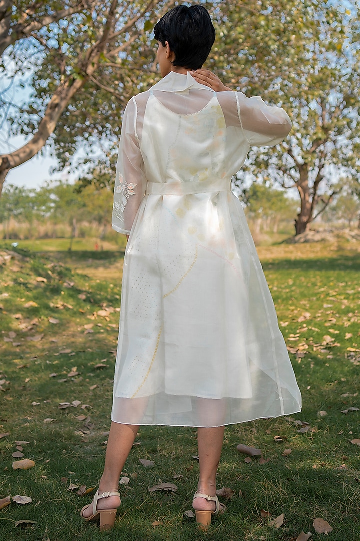 Ivory Linen Printed & Machine Embroidered Jacket Vacation Dress by Arcvsh by Pallavi Singh at Pernia's Pop Up Shop