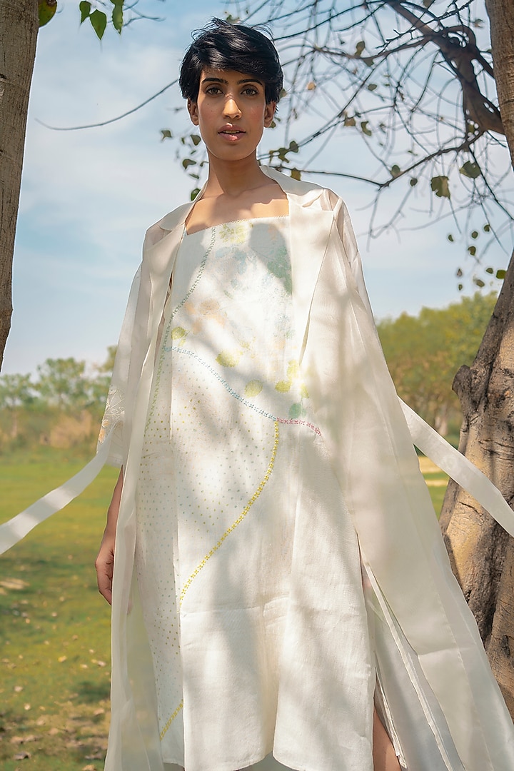 Ivory Linen Printed & Machine Embroidered Jacket Vacation Dress by Arcvsh by Pallavi Singh at Pernia's Pop Up Shop