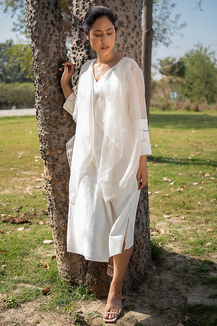 Ivory Cotton Slub Machine Embroidered Jacket Vacation Dress by Arcvsh by Pallavi Singh at Pernia's Pop Up Shop