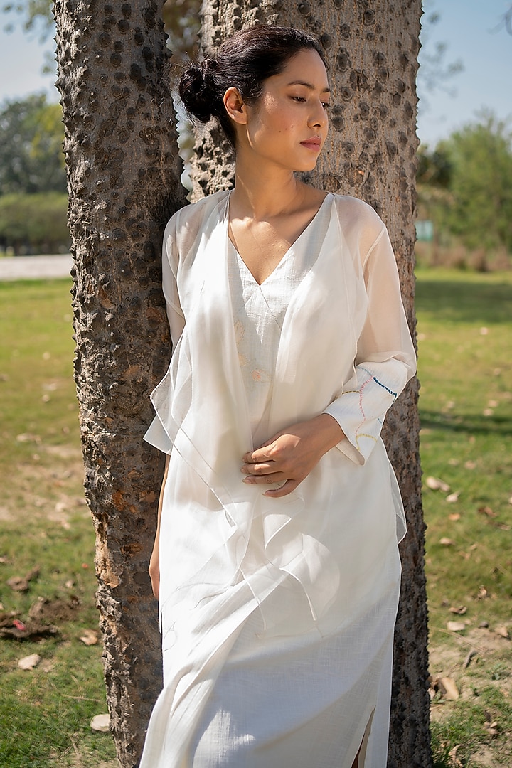 Ivory Cotton Slub Machine Embroidered Jacket Vacation Dress by Arcvsh by Pallavi Singh at Pernia's Pop Up Shop