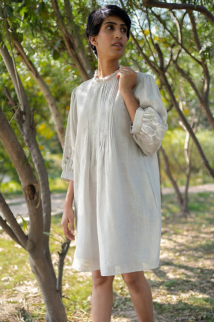 Grey Pleated Summer Dress With Applique Work by Arcvsh by Pallavi Singh at Pernia's Pop Up Shop
