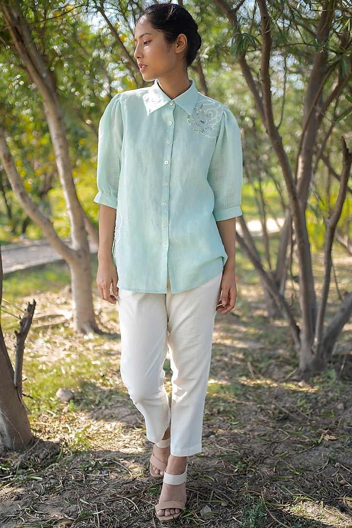 Mint Shirt With Applique Work by Arcvsh by Pallavi Singh