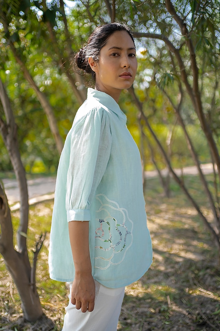 Mint Shirt With Applique Work by Arcvsh by Pallavi Singh at Pernia's Pop Up Shop