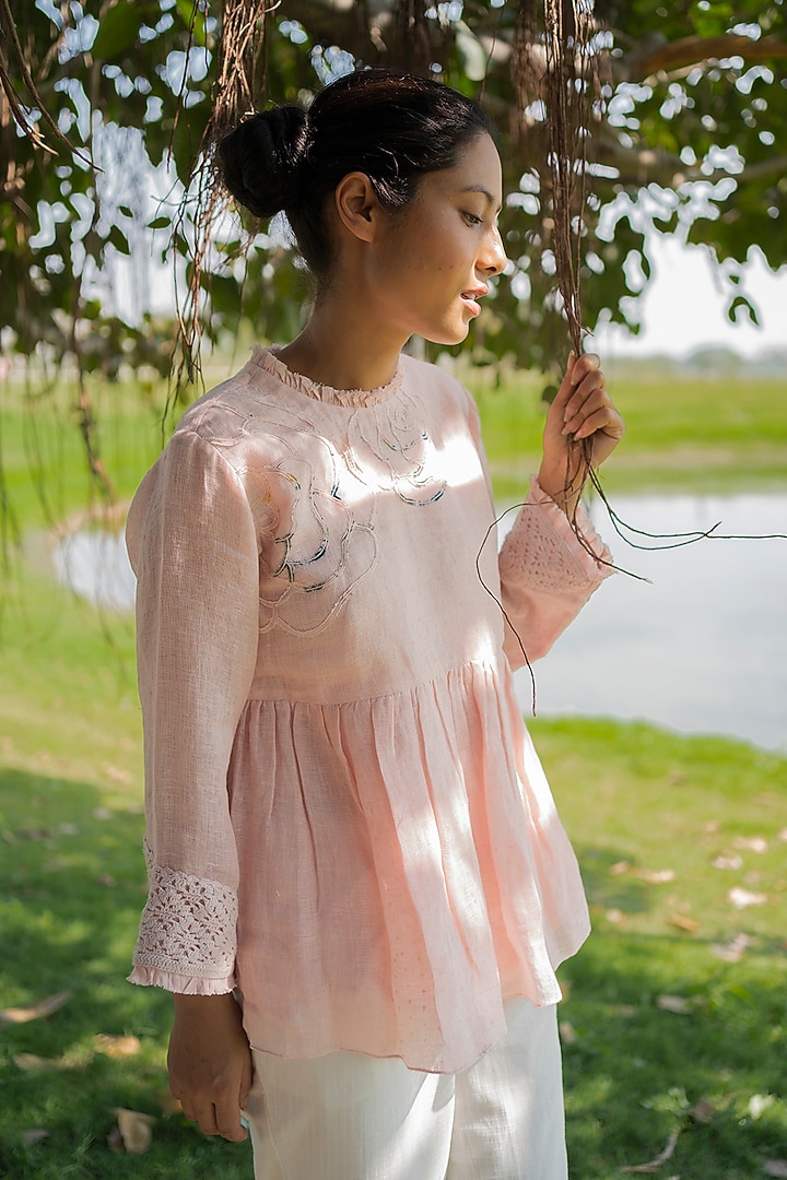 Old Rose Top With Applique Work by Arcvsh by Pallavi Singh at Pernia's Pop Up Shop