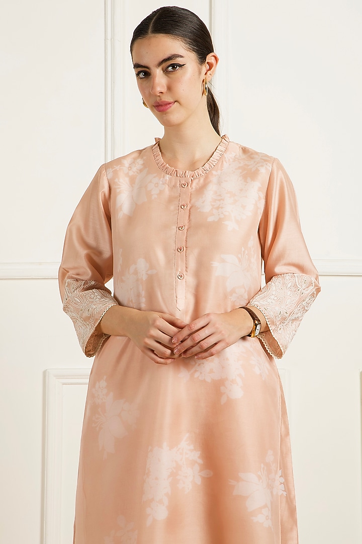 Old Rose Silk Chanderi Machine Embroidered Layered Tunic Set by Arcvsh by Pallavi Singh at Pernia's Pop Up Shop