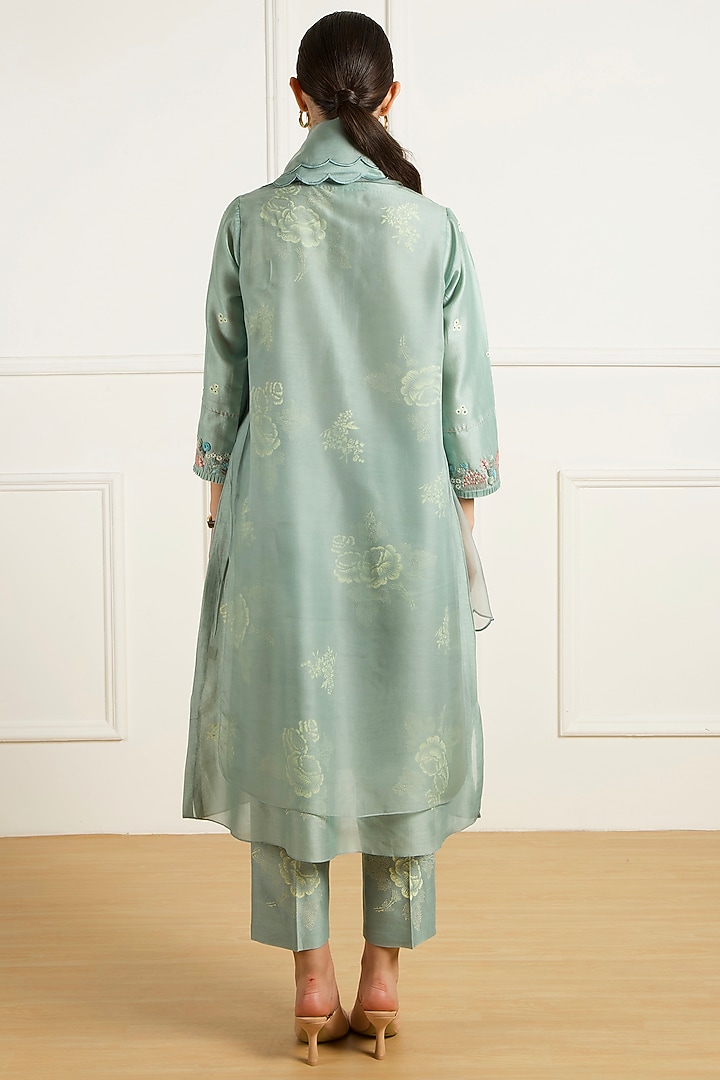 Mint Silk Chanderi Machine Embroidered & Printed Layered Tunic Set by Arcvsh by Pallavi Singh at Pernia's Pop Up Shop