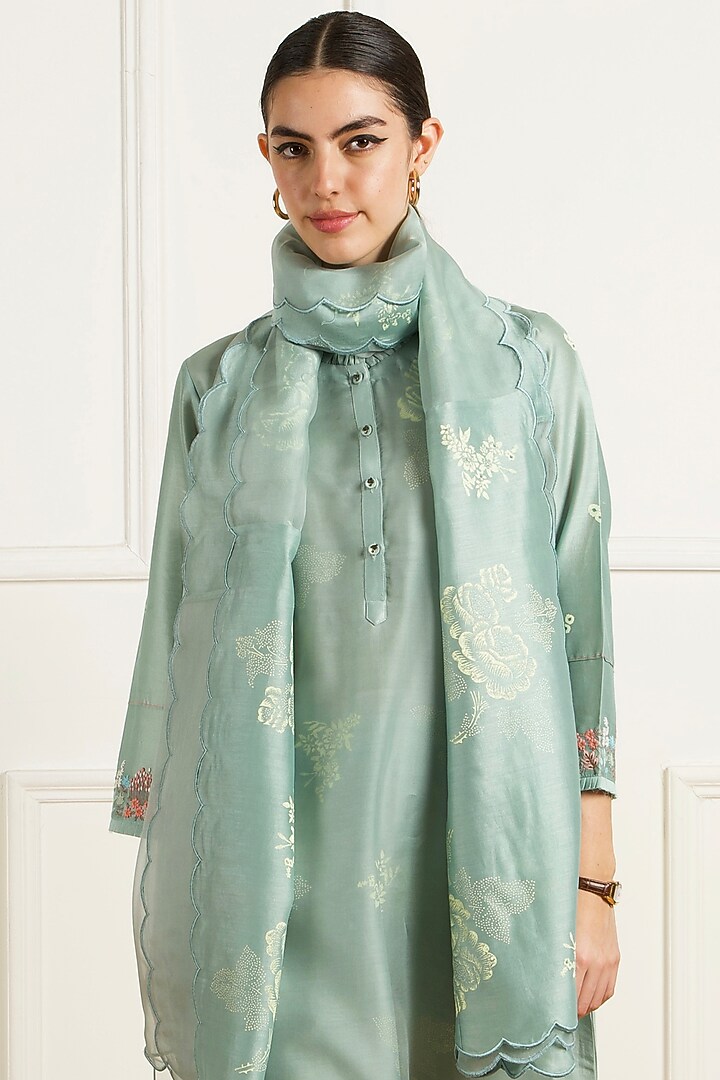 Mint Silk Chanderi Machine Embroidered & Printed Layered Tunic Set by Arcvsh by Pallavi Singh at Pernia's Pop Up Shop