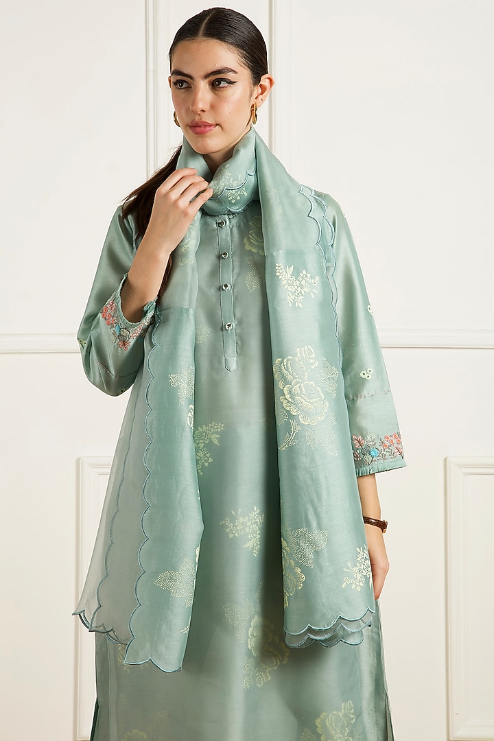 Mint Silk Chanderi Machine Embroidered & Printed Layered Tunic Set by Arcvsh by Pallavi Singh at Pernia's Pop Up Shop